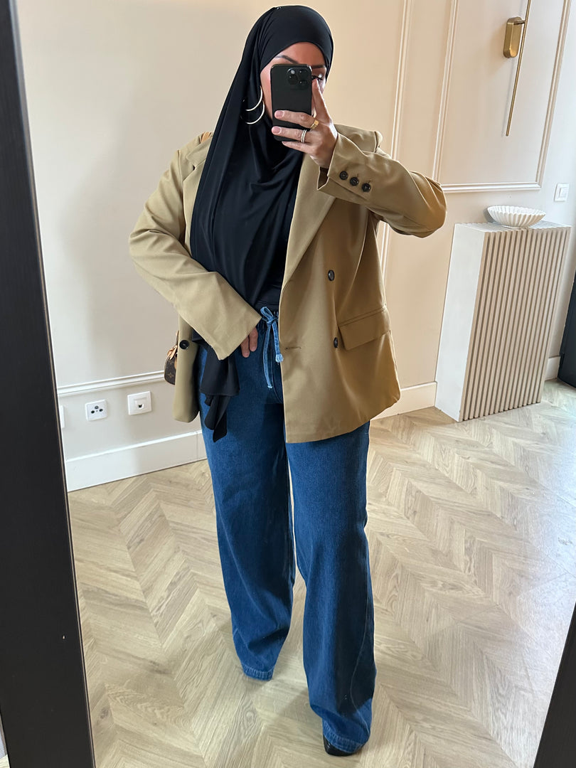Jeans denim  bleu coupe large , à cordon