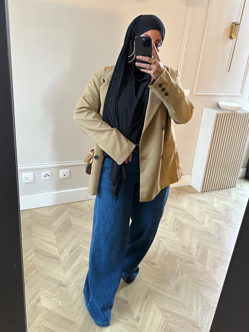 Jeans denim  bleu coupe large , à cordon